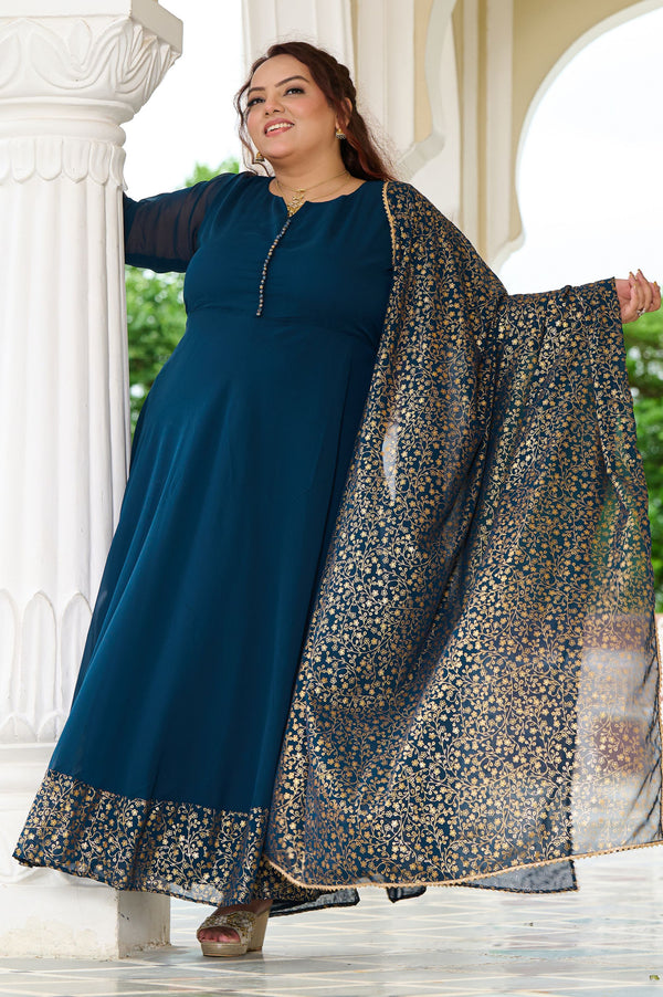 Plus Size Elegant Teal Blue Anarkali Ensemble with Gold Foil Accents