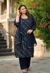 Meher Navy Blue Rayon Printed 3-Piece Kurta Set with Dupatta