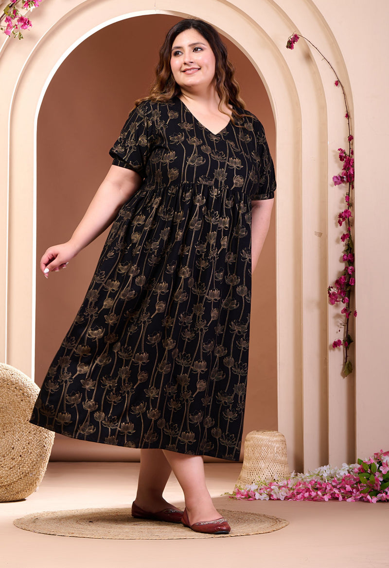 Plus Size Gold Printed Black Rayon Midi Dress