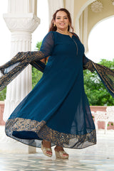 Plus Size Elegant Teal Blue Anarkali Ensemble with Gold Foil Accents