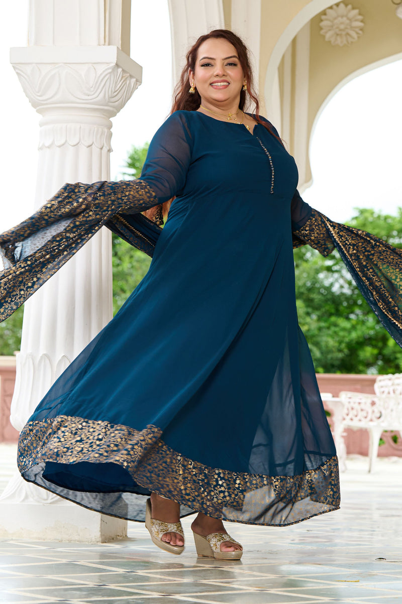 Plus Size Elegant Teal Blue Anarkali Ensemble with Gold Foil Accents