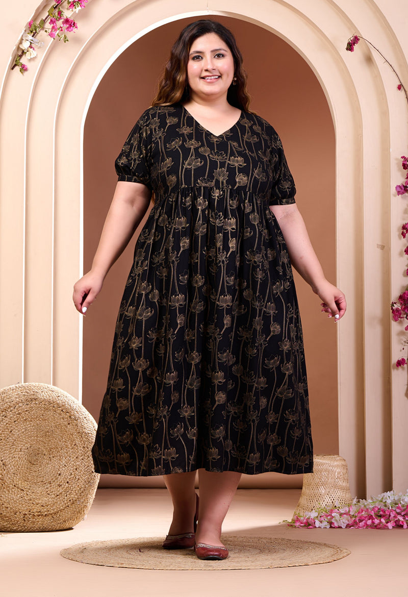 Plus Size Gold Printed Black Rayon Midi Dress