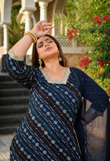 Meher Navy Blue Rayon Printed 3-Piece Kurta Set with Dupatta