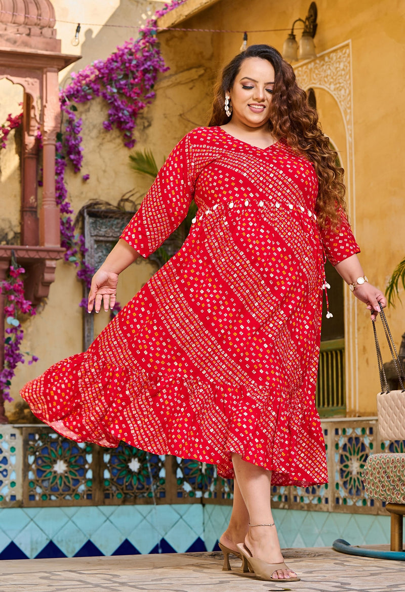 Red Bandhani Angrakha Rayon Midi Dress
