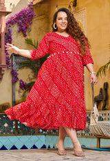 Red Bandhani Angrakha Rayon Midi Dress
