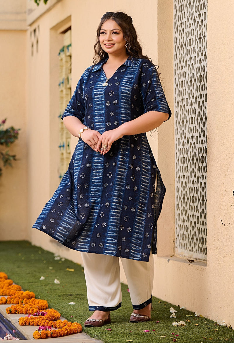 Plus Size Azure Blue Mix Kurta Pant Set