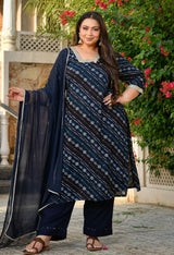 Meher Navy Blue Rayon Printed 3-Piece Kurta Set with Dupatta