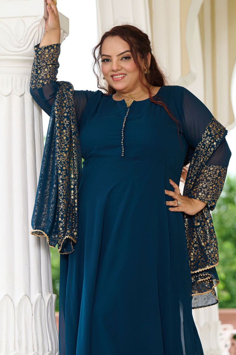 Plus Size Elegant Teal Blue Anarkali Ensemble with Gold Foil Accents