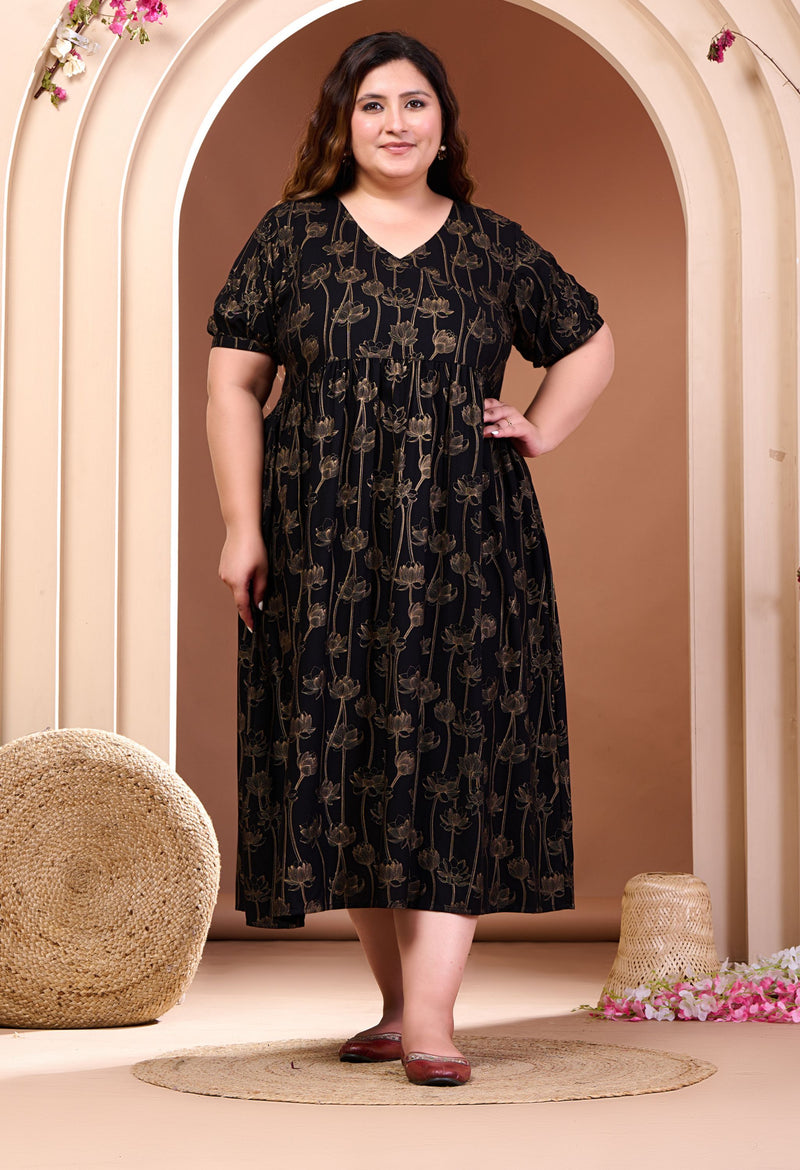 Plus Size Gold Printed Black Rayon Midi Dress