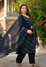 Meher Navy Blue Rayon Printed 3-Piece Kurta Set with Dupatta