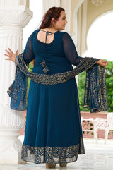 Plus Size Elegant Teal Blue Anarkali Ensemble with Gold Foil Accents