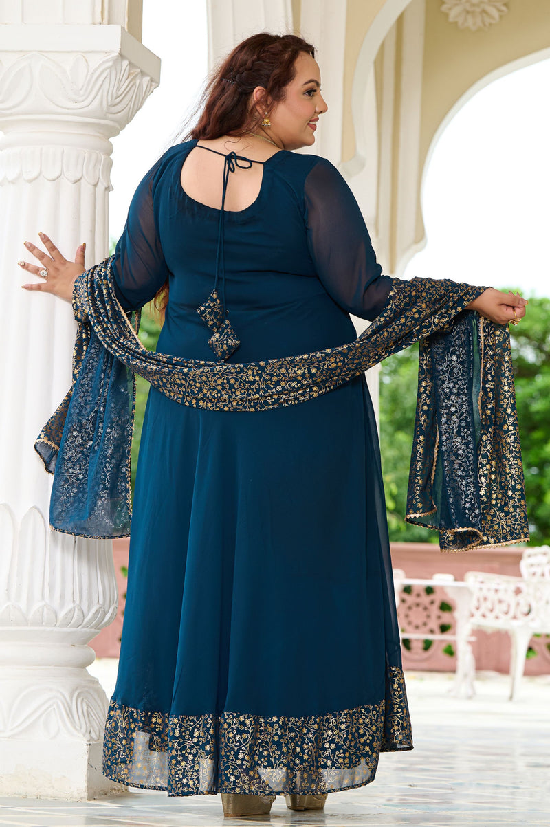 Plus Size Elegant Teal Blue Anarkali Ensemble with Gold Foil Accents