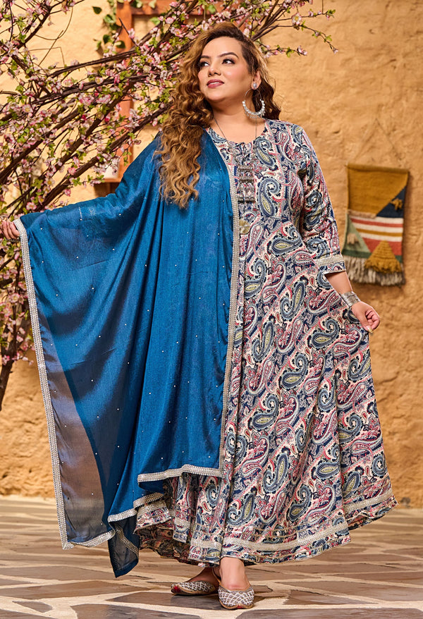 Plus Size Teal Blue Floral Anarkali with Chinon Dupatta