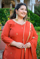 Zariya Rust Mul Chanderi Embroidered 3-Piece Kurta Set with Dupatta