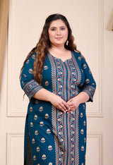 Plus Size Gold Printed Shervani Teal Kurta Palazzo Set