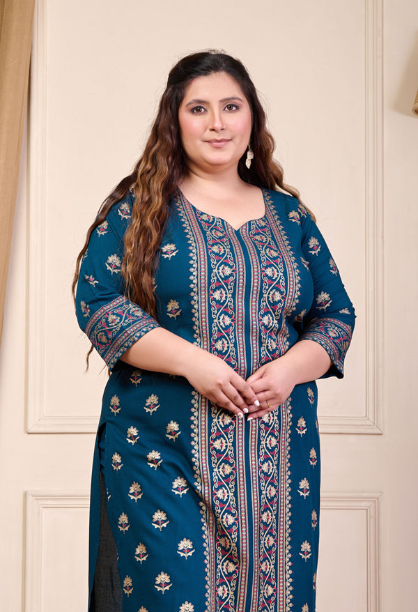 Plus Size Gold Printed Shervani Teal Kurta Palazzo Set