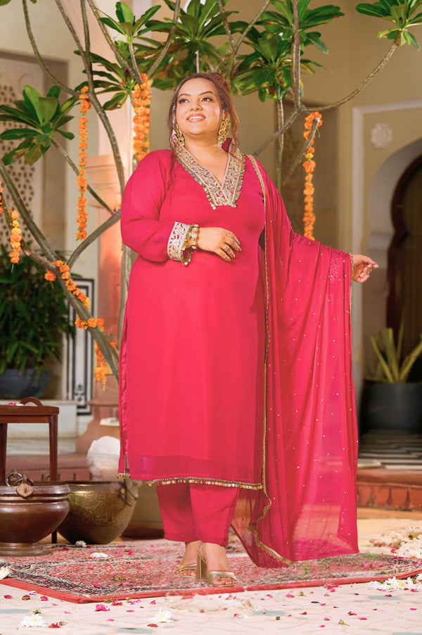 Plus Size Vibrant Rani Pink Suit Ensemble with Dupatta