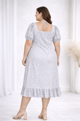 Plus Size Grey Floral Midi Dress with Sweetheart Neck & Ruffle Hem