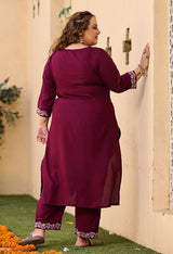 Plus Size Evergreen Wine Aari Embroidered Kurta Pant Set