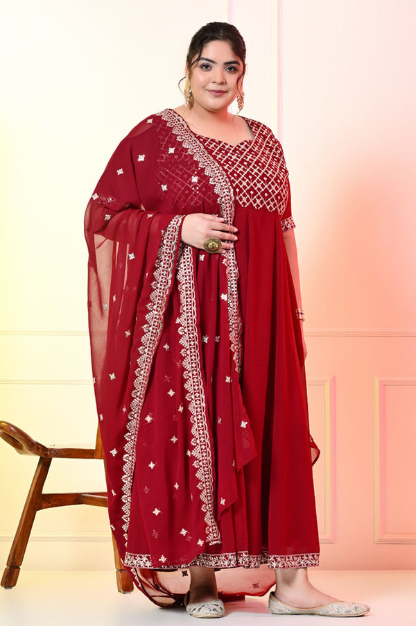 Plus Size Maroon Cold Shoulder Georgette Anarkali with Dupatta