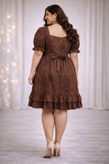 Plus Size Brown Tye Dye Prism Puff Sleeve Dress
