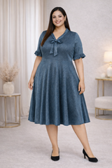 Plus Size Blue A-Line Dress with Bow Neck & Ruffle Sleeves