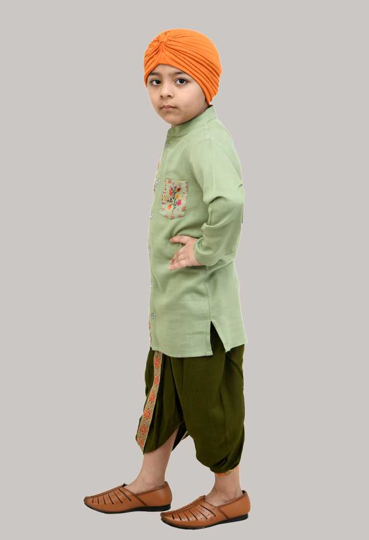 Boys Pista Green Rayon Kurta Dhoti Set