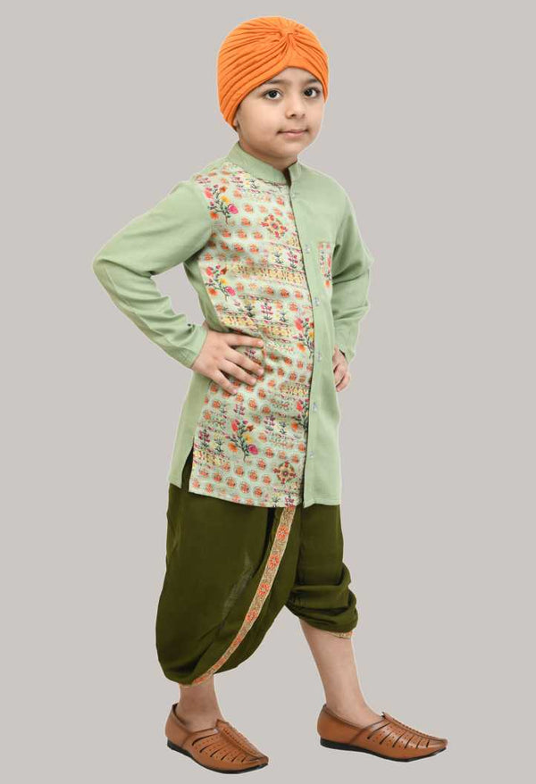 Boys Pista Green Rayon Kurta Dhoti Set