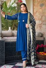 Gulrukh Blue Mul Chanderi Kurta Set with Gold Printed Dupatta