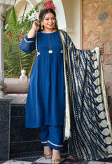 Gulrukh Blue Mul Chanderi Kurta Set with Gold Printed Dupatta