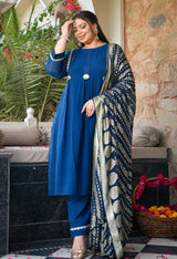 Gulrukh Blue Mul Chanderi Kurta Set with Gold Printed Dupatta