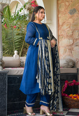 Gulrukh Blue Mul Chanderi Kurta Set with Gold Printed Dupatta