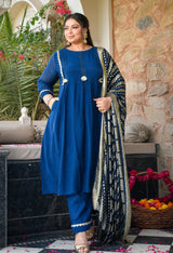 Gulrukh Blue Mul Chanderi Kurta Set with Gold Printed Dupatta