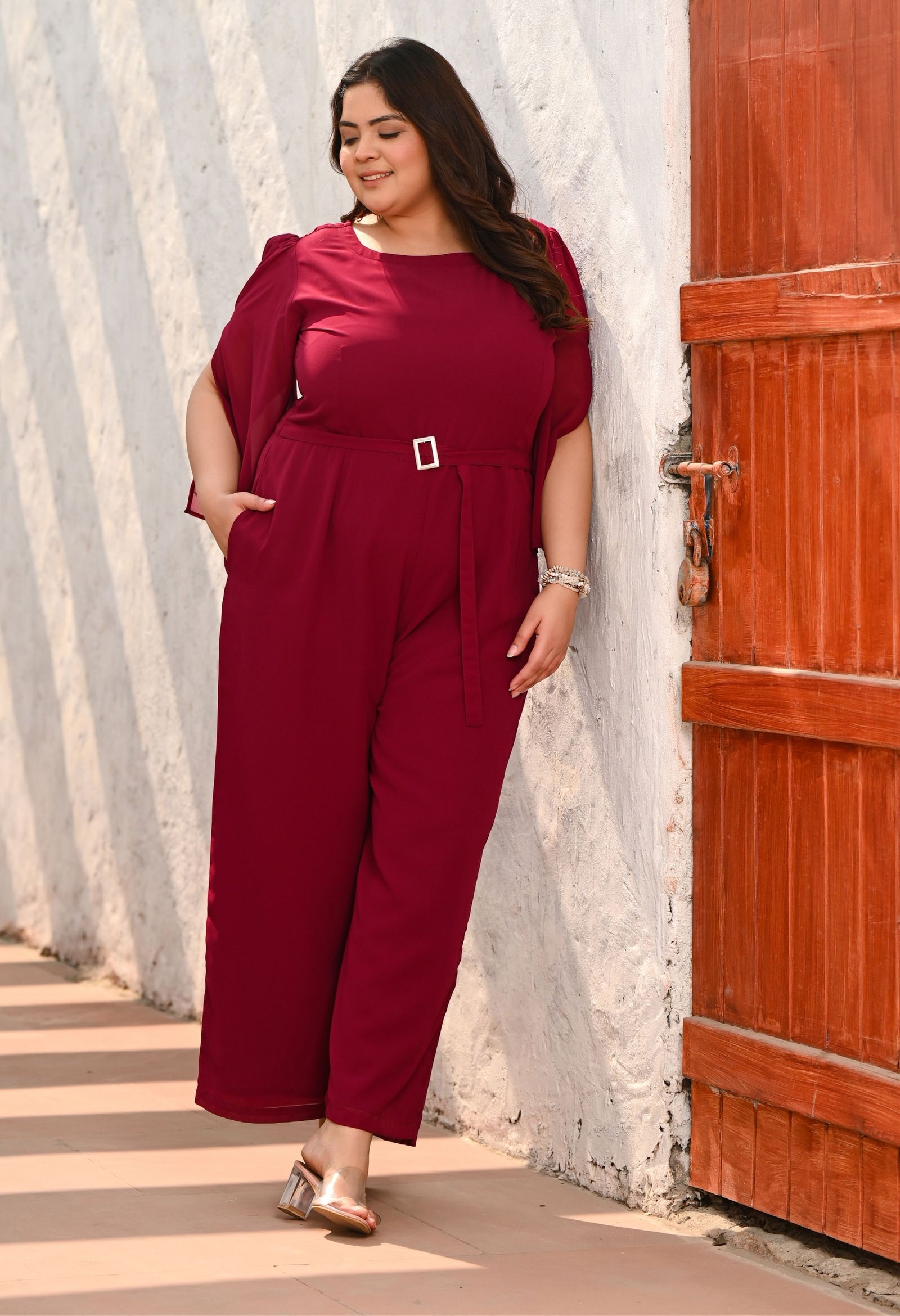 Plus Size Wine Georgette Jumpsuit – Belted Wide-Leg One Piece with Cape  Sleeves