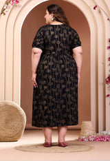 Plus Size Gold Printed Black Rayon Midi Dress