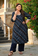 Meher Navy Blue Rayon Printed 3-Piece Kurta Set with Dupatta
