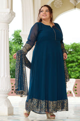 Plus Size Elegant Teal Blue Anarkali Ensemble with Gold Foil Accents