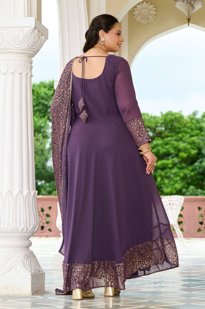 Plus Size Elegant Lavender Anarkali Ensemble with Gold Foil Accents