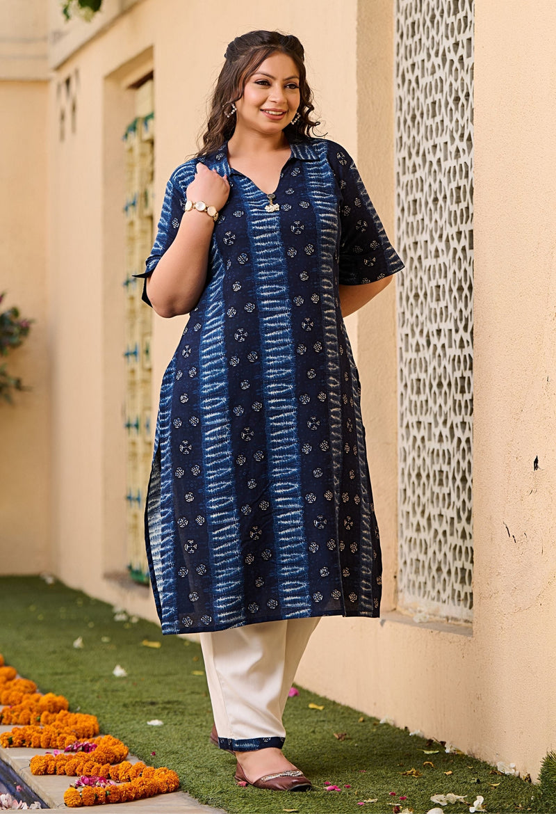 Plus Size Azure Blue Mix Kurta Pant Set