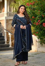 Meher Navy Blue Rayon Printed 3-Piece Kurta Set with Dupatta