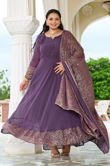 Plus Size Elegant Lavender Anarkali Ensemble with Gold Foil Accents