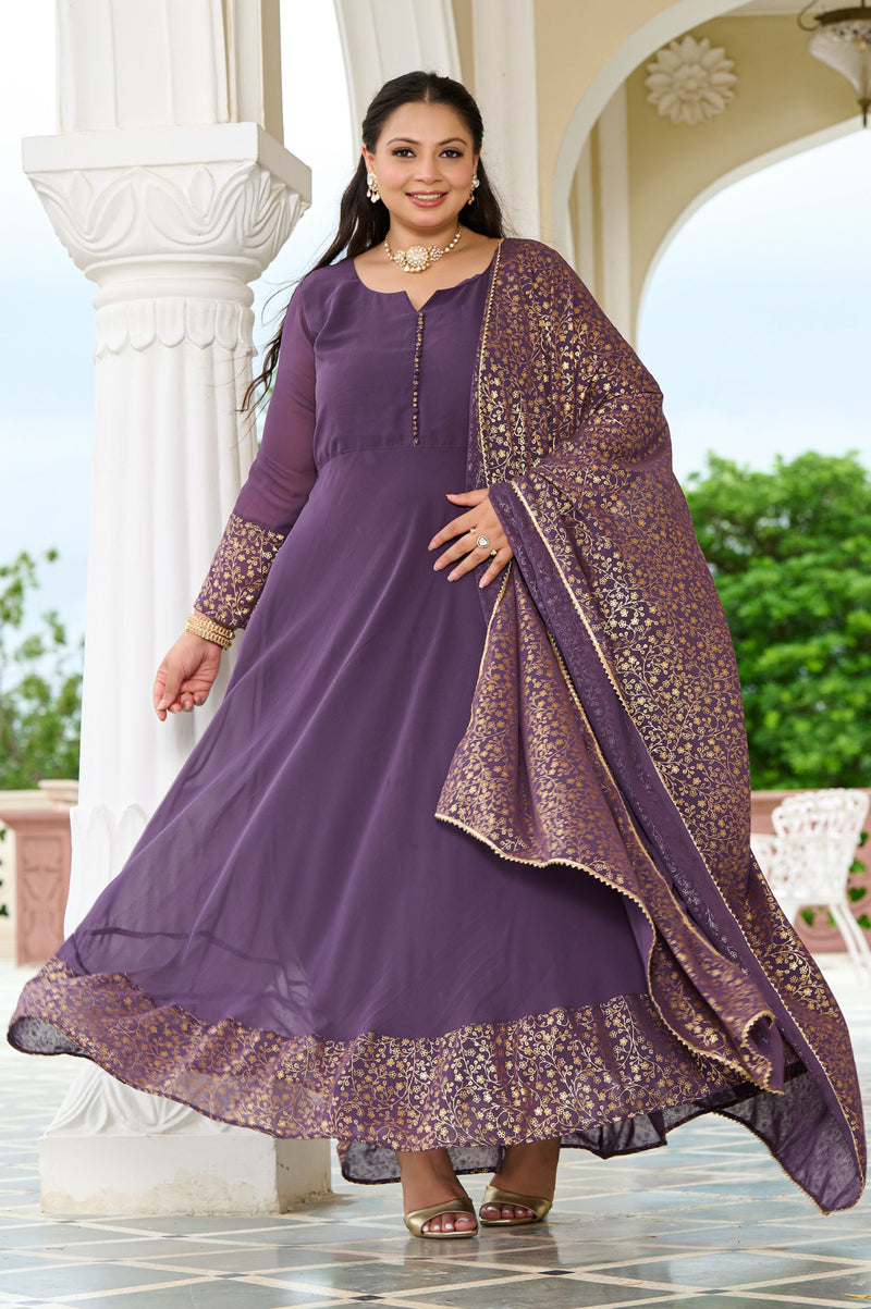 Plus Size Elegant Lavender Anarkali Ensemble with Gold Foil Accents