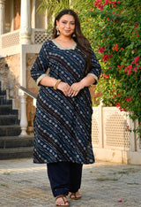 Meher Navy Blue Rayon Printed 3-Piece Kurta Set with Dupatta