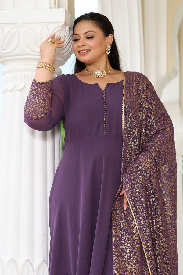 Plus Size Elegant Lavender Anarkali Ensemble with Gold Foil Accents