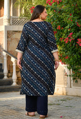 Meher Navy Blue Rayon Printed 3-Piece Kurta Set with Dupatta