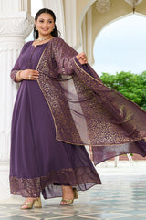 Plus Size Elegant Lavender Anarkali Ensemble with Gold Foil Accents