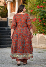 Aarohi Maroon & Blue Cotton Printed Angrakha Anarkali Kurta Set with Dupatta