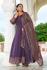 Plus Size Elegant Lavender Anarkali Ensemble with Gold Foil Accents