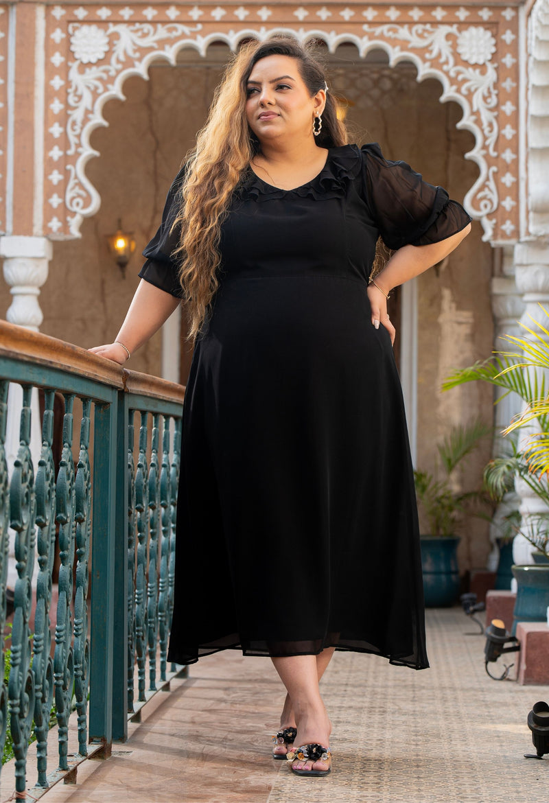 Plus Size Black Frill Georgette Maxi Dress DESINOOR.COM Plus Size Black Frill Georgette Maxi Dress DESINOOR.COM