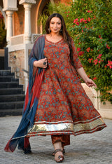 Aarohi Maroon & Blue Cotton Printed Angrakha Anarkali Kurta Set with Dupatta